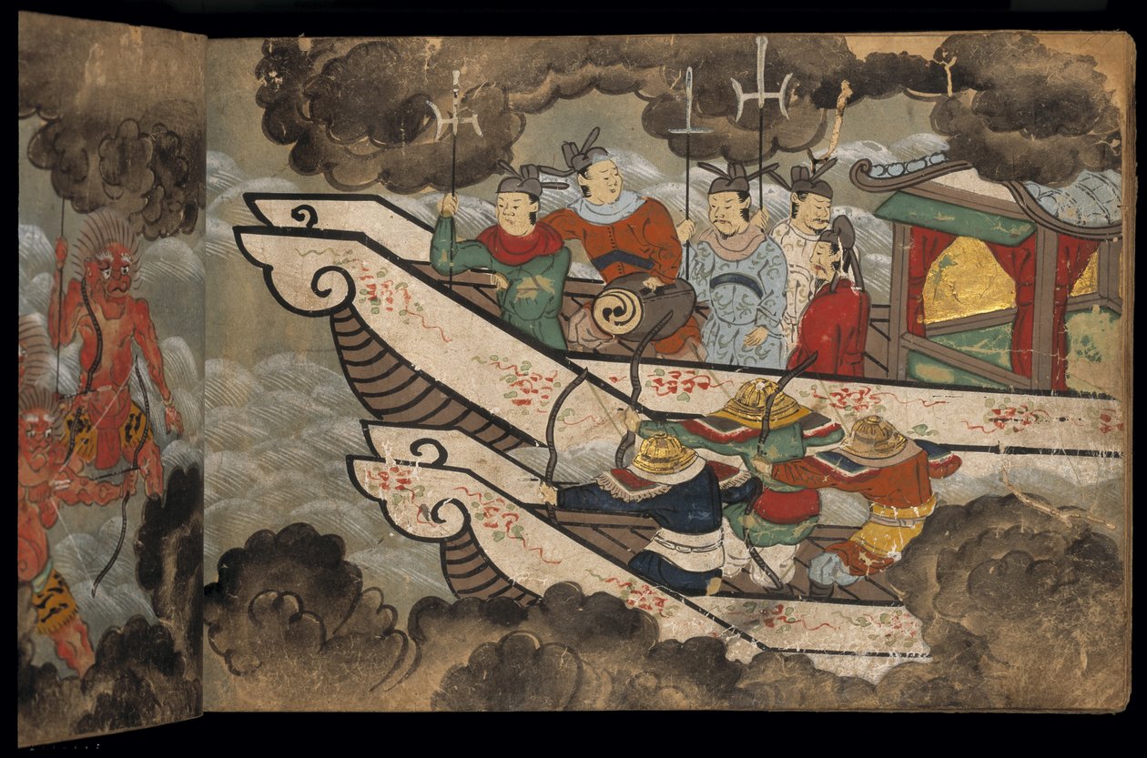 Kínai katonák a hajókon, illusztráció a „Taishokkan”-ból (tinta és színes papíron) alkotó: Japanese School