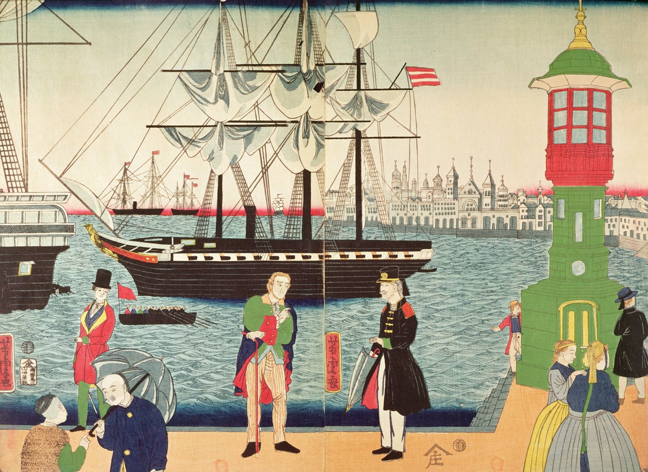 Párizs városa, ahogy egy japán művész elképzelte, 1859 körül (színes fametszet) alkotó: Japanese School