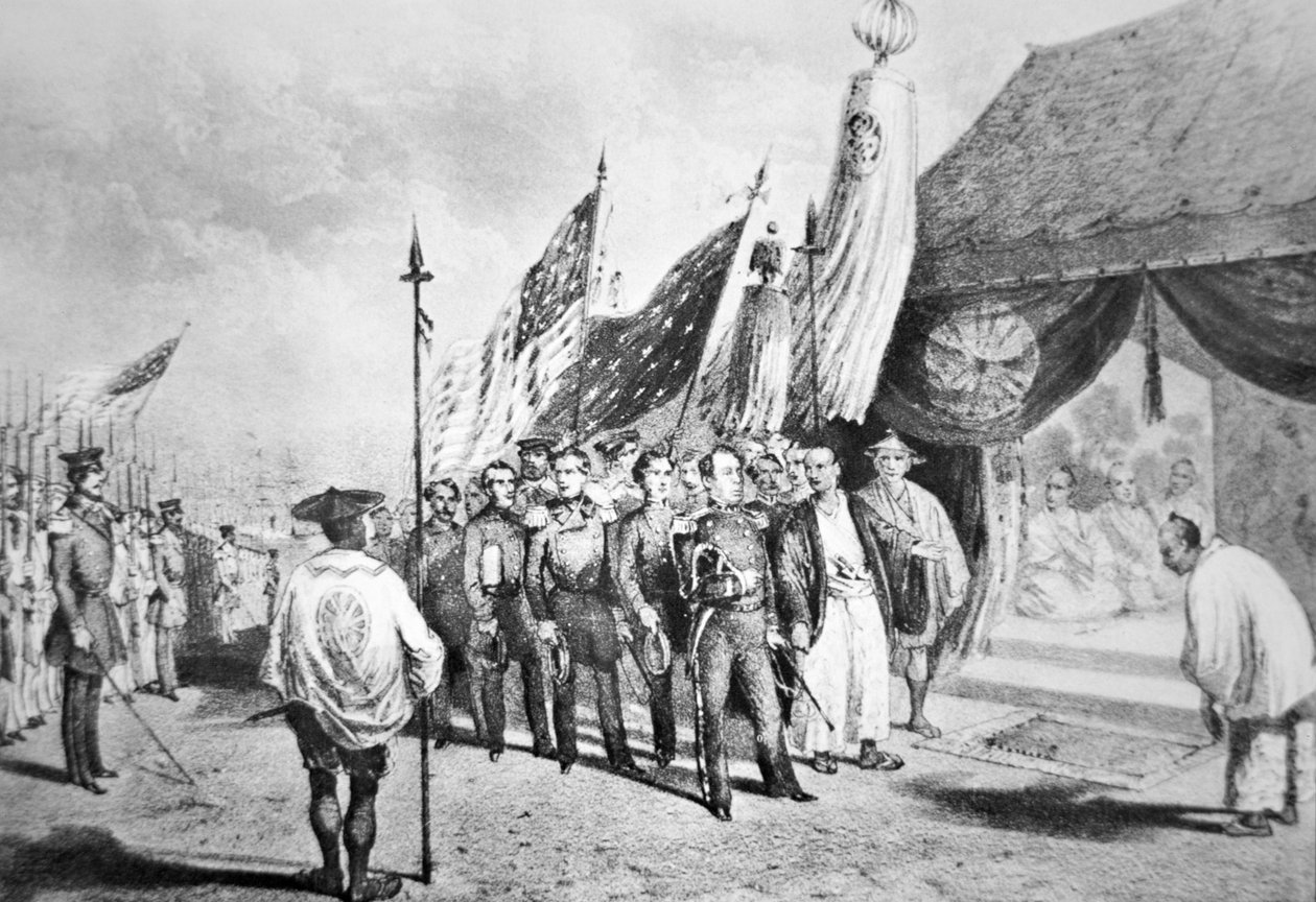 Perry Commodore Japánban 1853-ban találkozott a birodalmi biztosokkal Jokohamában alkotó: Japanese School