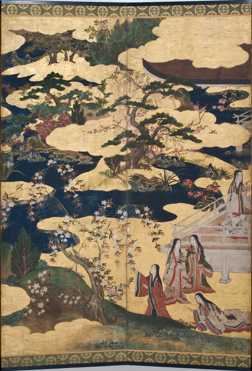 Részlet a Tavasz a palotában, hatszoros képernyő a Genji meséjéből, 1650 körül (tinta, színek és arany papíron) alkotó: Japanese School