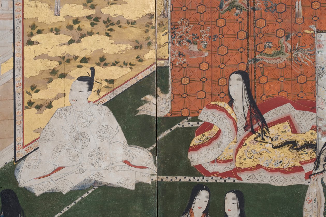 Részlet a Tavasz a palotában, hatszoros képernyő a Genji meséjéből, 1650 körül (tinta, színek és arany papíron) alkotó: Japanese School