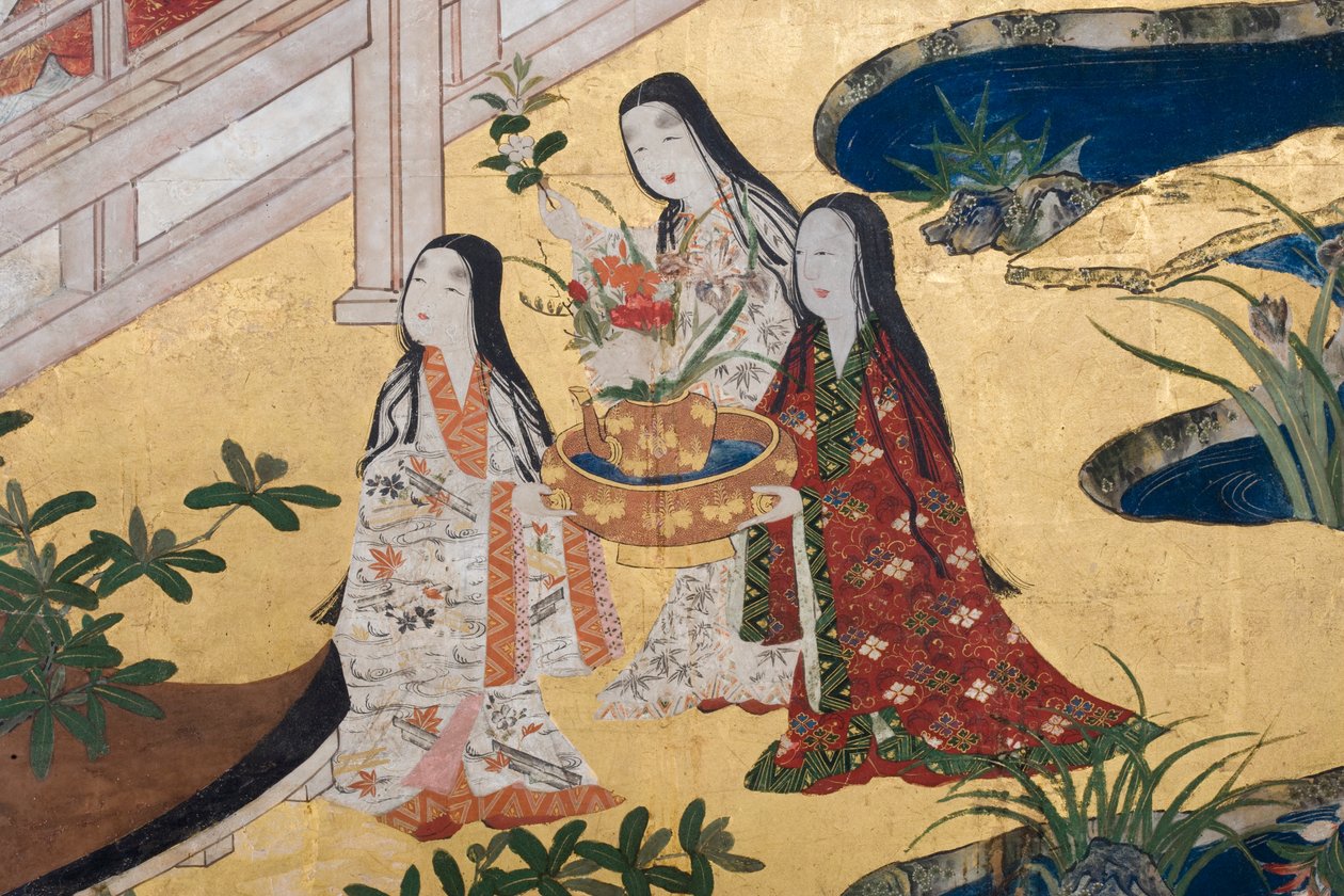 Részlet a Tavasz a palotában, hatszoros képernyő a Genji meséjéből, 1650 körül (tinta, színek és arany papíron) alkotó: Japanese School