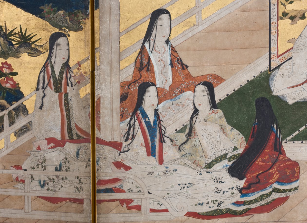 Részlet a Tavasz a palotában, hatszoros képernyő a Genji meséjéből, 1650 körül (tinta, színek és arany papíron) alkotó: Japanese School