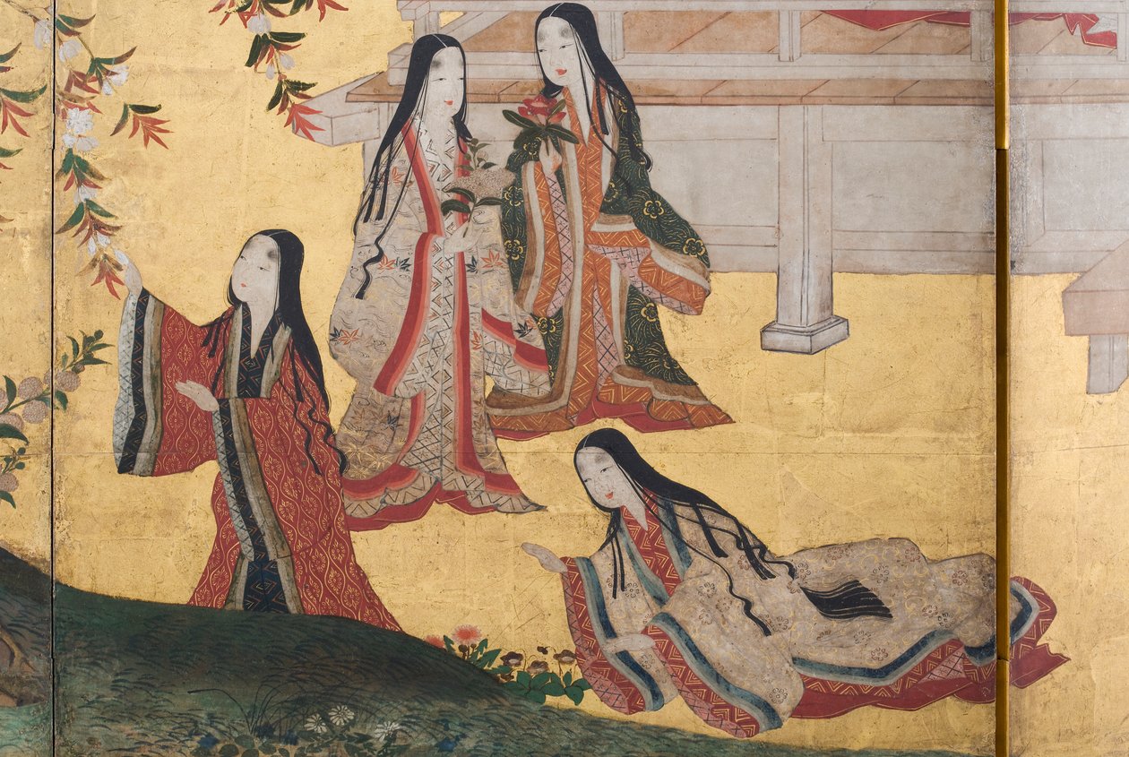 Részlet a Tavasz a palotában, hatszoros képernyő a Genji meséjéből, 1650 körül (tinta, színek és arany papíron) alkotó: Japanese School
