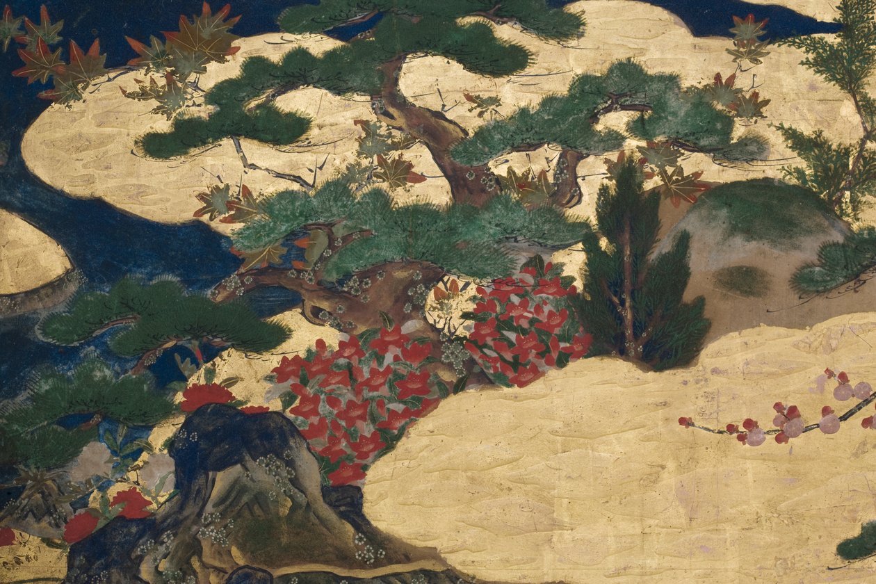 Részlet a Tavasz a palotában, hatszoros képernyő a Genji meséjéből, 1650 körül (tinta, színek és arany papíron) alkotó: Japanese School