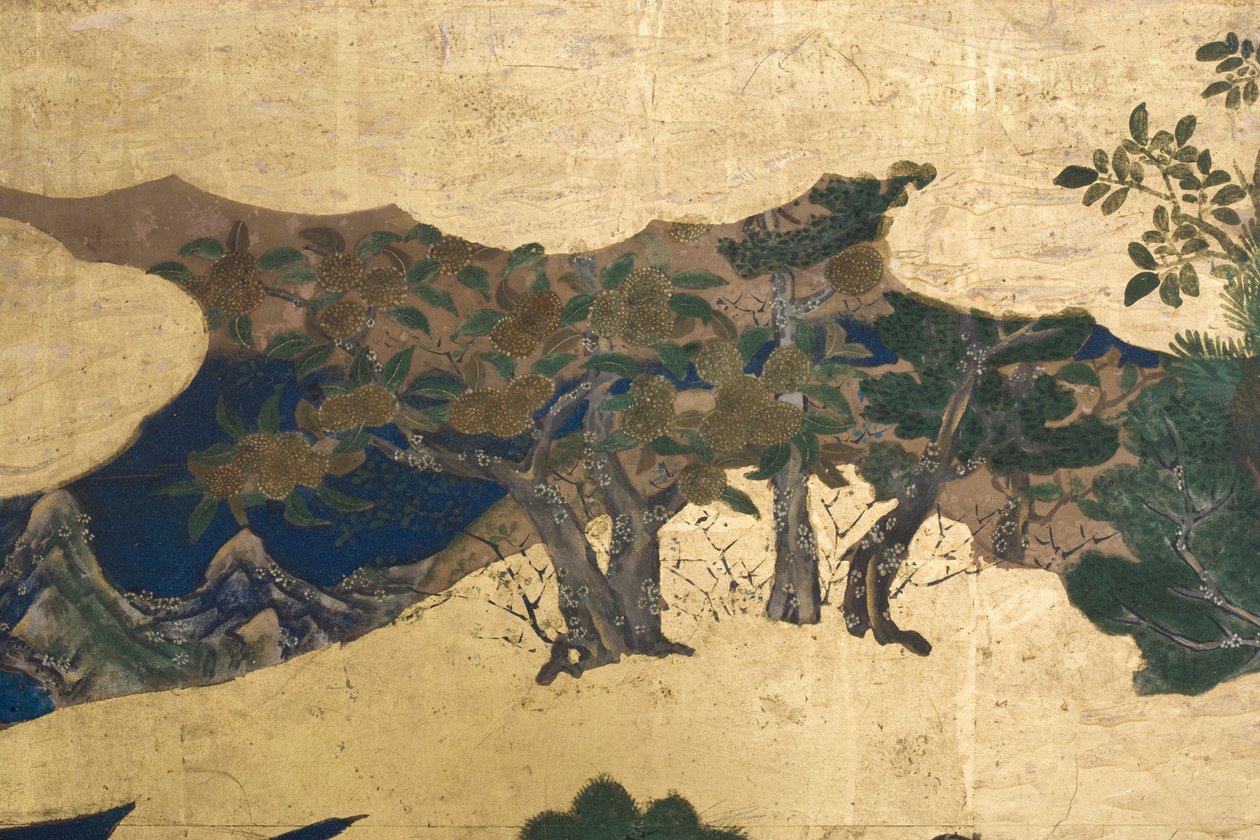 Részlet a Tavasz a palotában, hatszoros képernyő a Genji meséjéből, 1650 körül (tinta, színek és arany papíron) alkotó: Japanese School