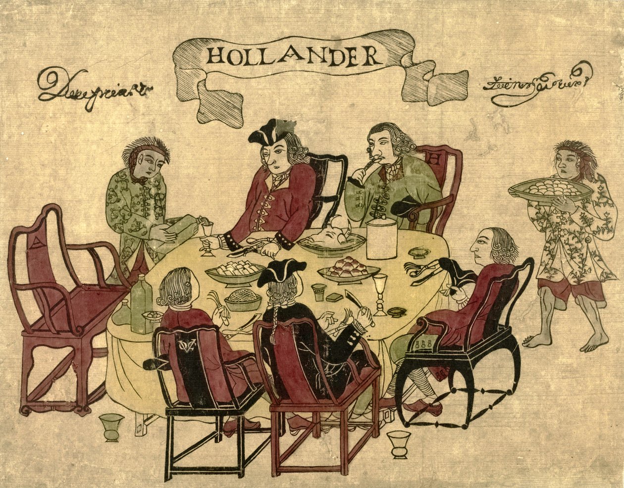 A holland VOC alkalmazottakat jávai szolgák szolgálták fel Deshimában, 1790-1810 alkotó: Japanese School