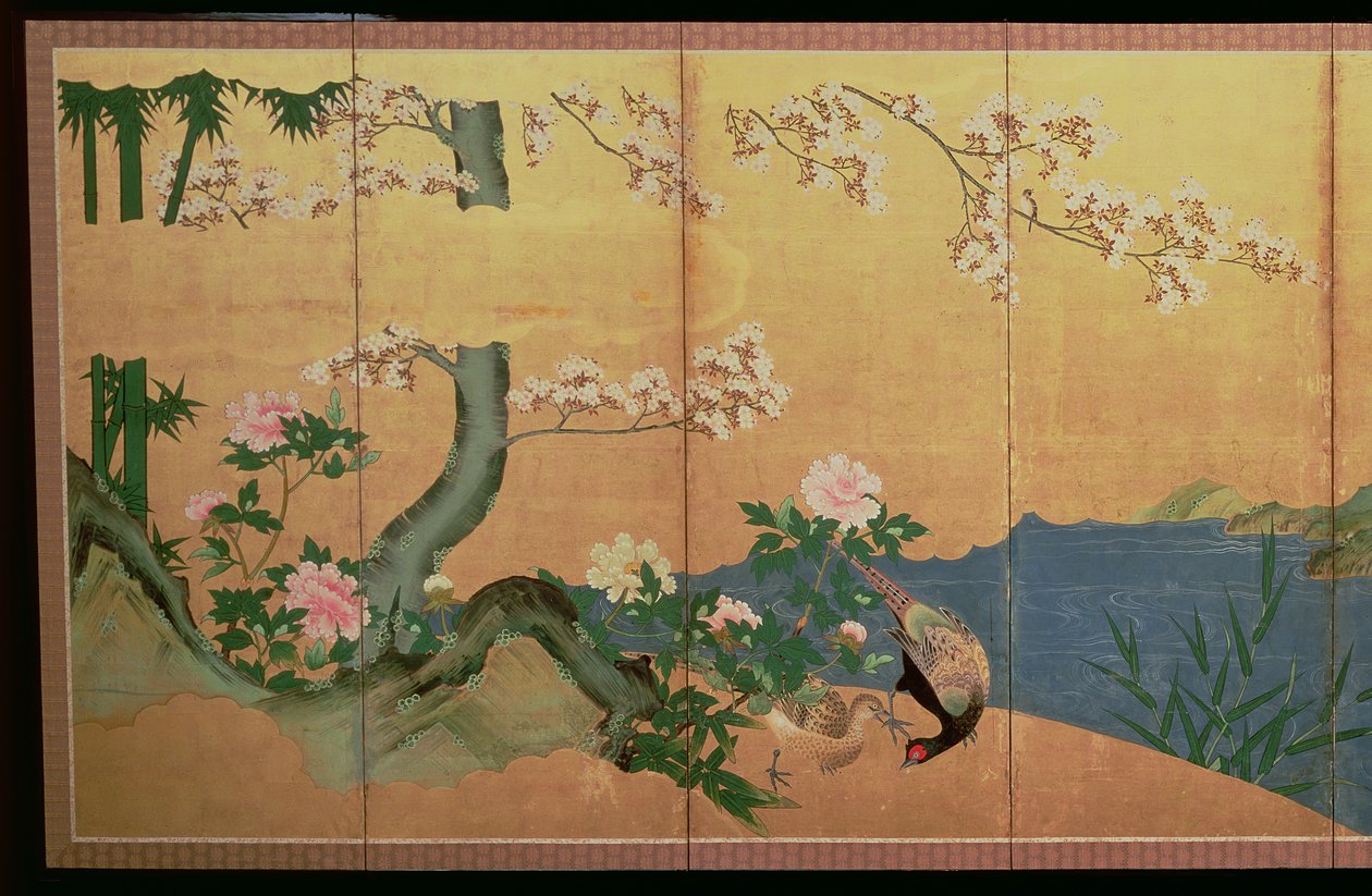 Kócsagok egy patakban íriszek szigetével, Edo-korszak alkotó: Japanese School
