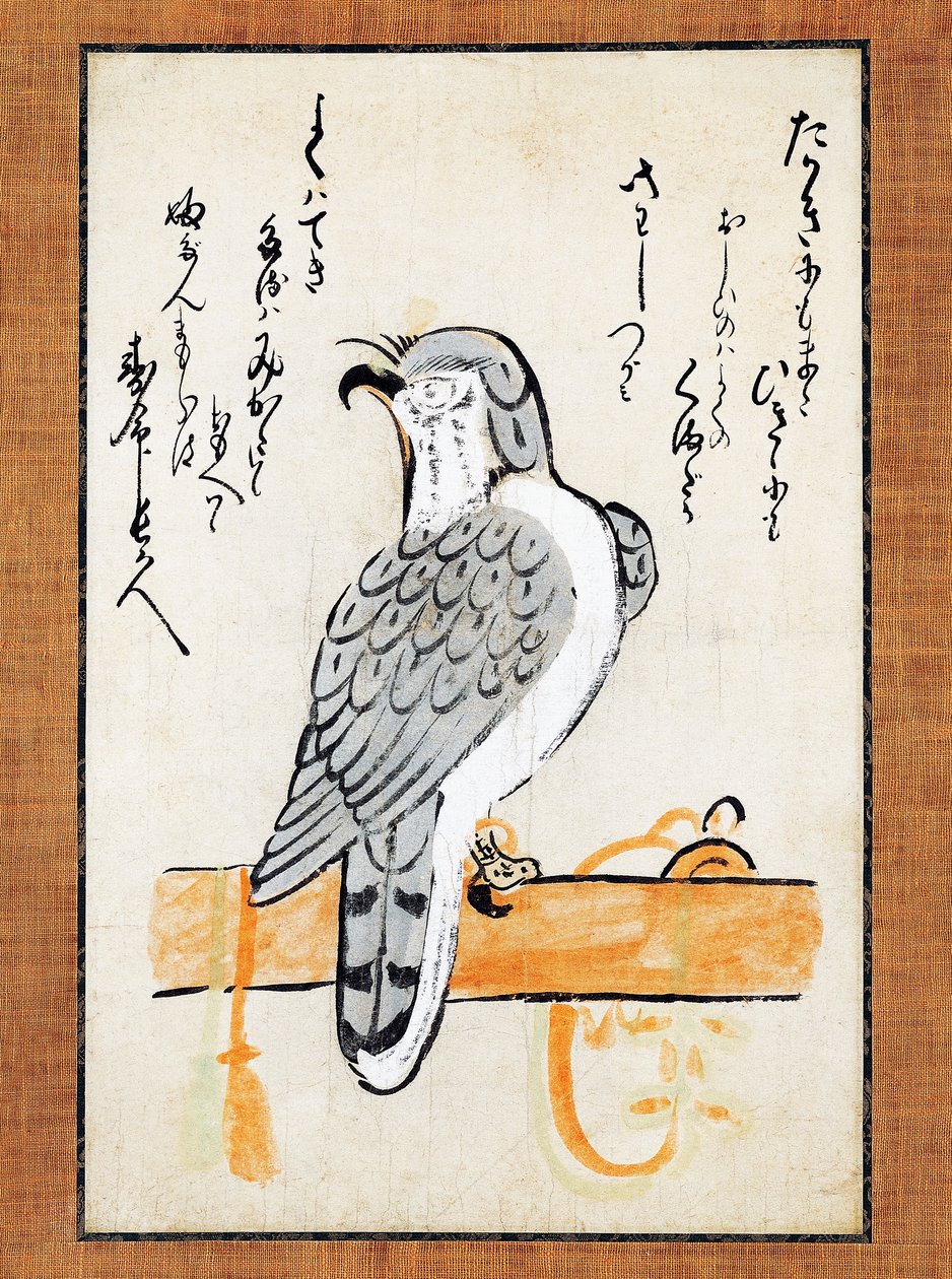 Sólyom a sügérre kötve, illusztráció függőleges tekercsen, 19. század vége, tus és színes papír, 43x2,5 cm, japán civilizáció, Meidzsi-korszak alkotó: Japanese School