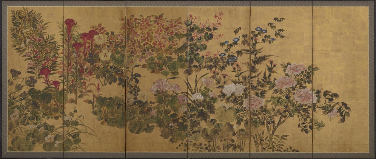 Virágok és egy patak, paravánok alkotó: Japanese School