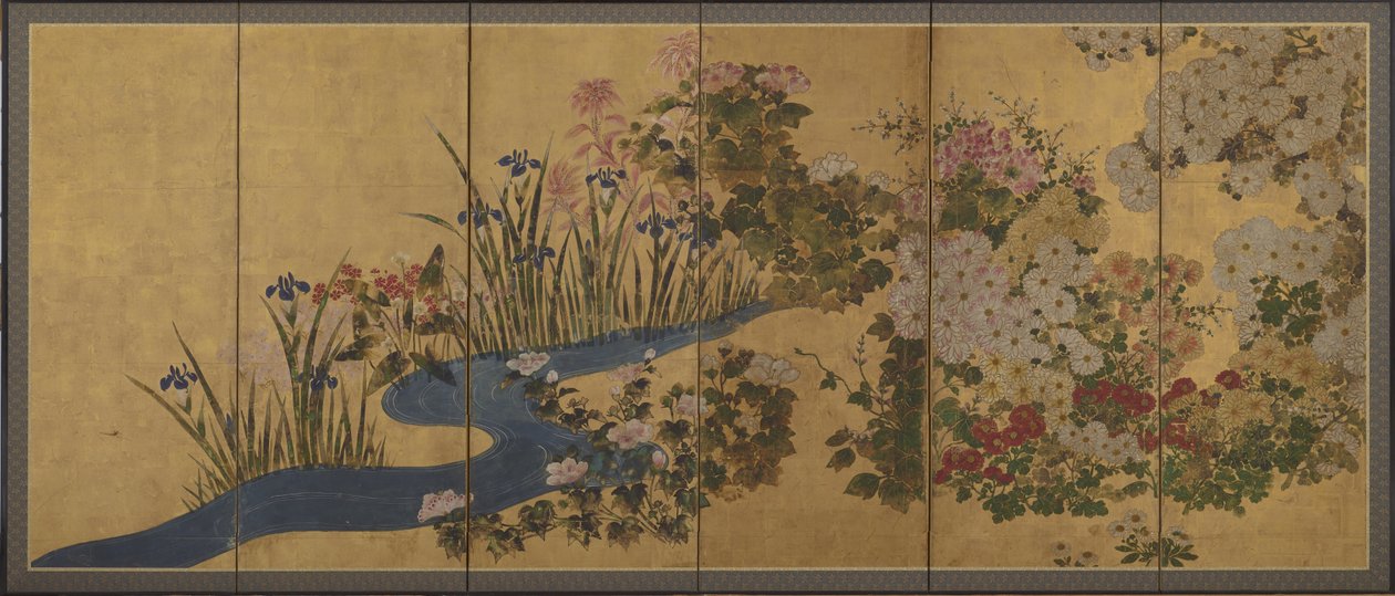 Virágok és egy patak, paravánok alkotó: Japanese School