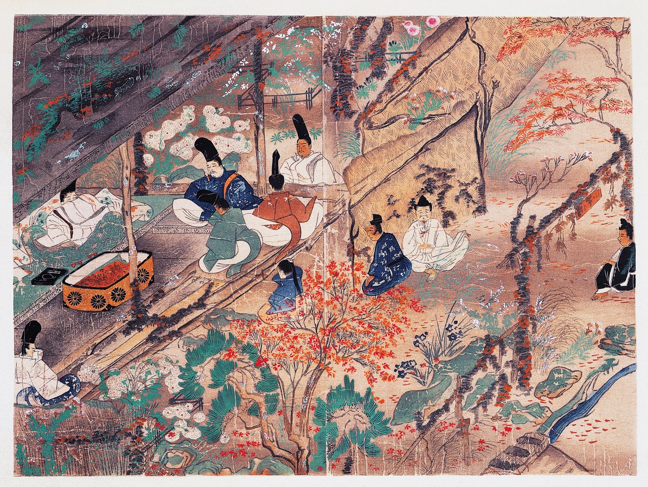 Heian államférfi és költő, Sugawara Michizane (845-903), Tenjin-San (mennyei szellem) néven ismert, a kiotói Kitano Tenman-Gu szentélyben száműzetésben osztja szét az egykori császár, Fujiwara Nobuzane (1176-1268), Kamakura által adományozott ruhákat. idős alkotó: Japanese School