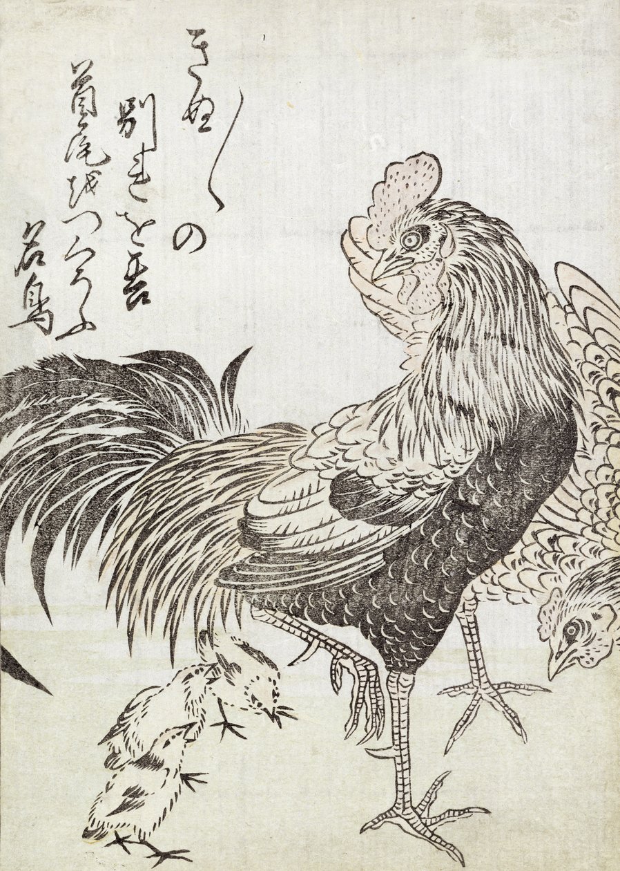 Tyúk, kakas és csirkék (fanyomat) alkotó: Japanese School