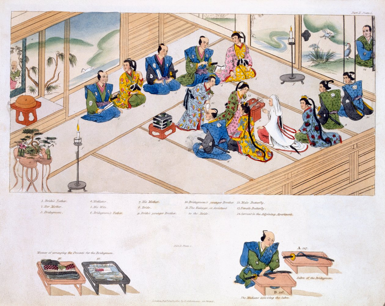 Japán házasság: a két család találkozása, közvetítővel, 1820 körül alkotó: Japanese School