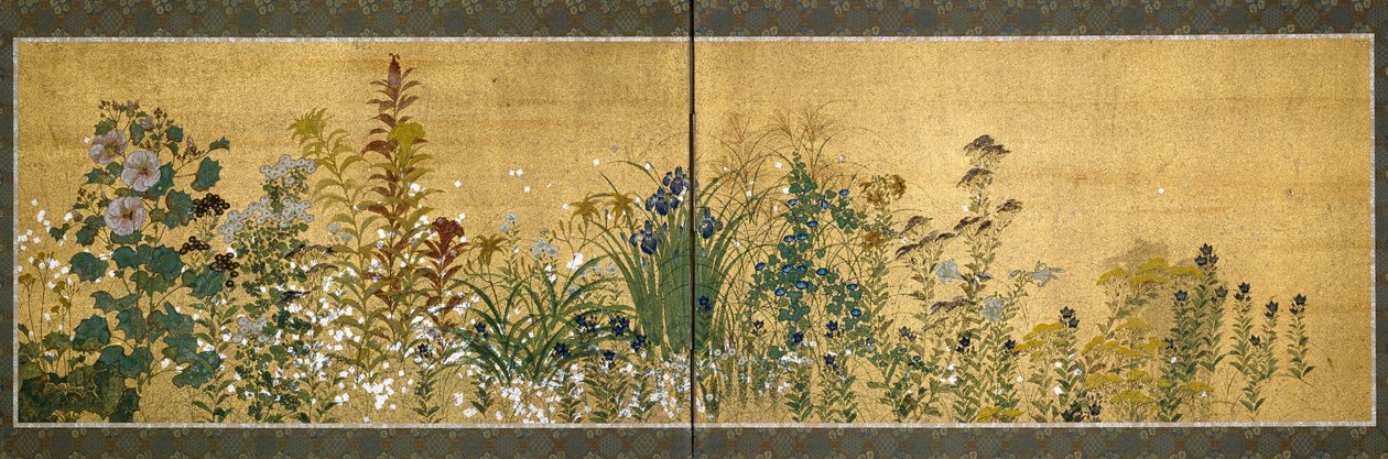 Japán művészet: virágokkal díszített képernyőpanelek. A rimpai iskola stílusa (1596-1615). Selyemre festés. Homályos. 65x189 cm Magángyűjtemény alkotó: Japanese School