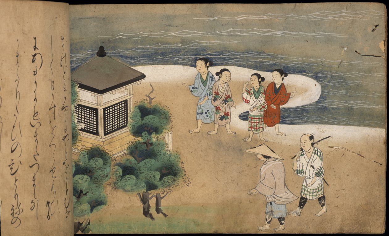 Japán férfiak egy pagoda mellett, illusztráció a „Taishokkan”-ból (tinta és színes papíron) alkotó: Japanese School