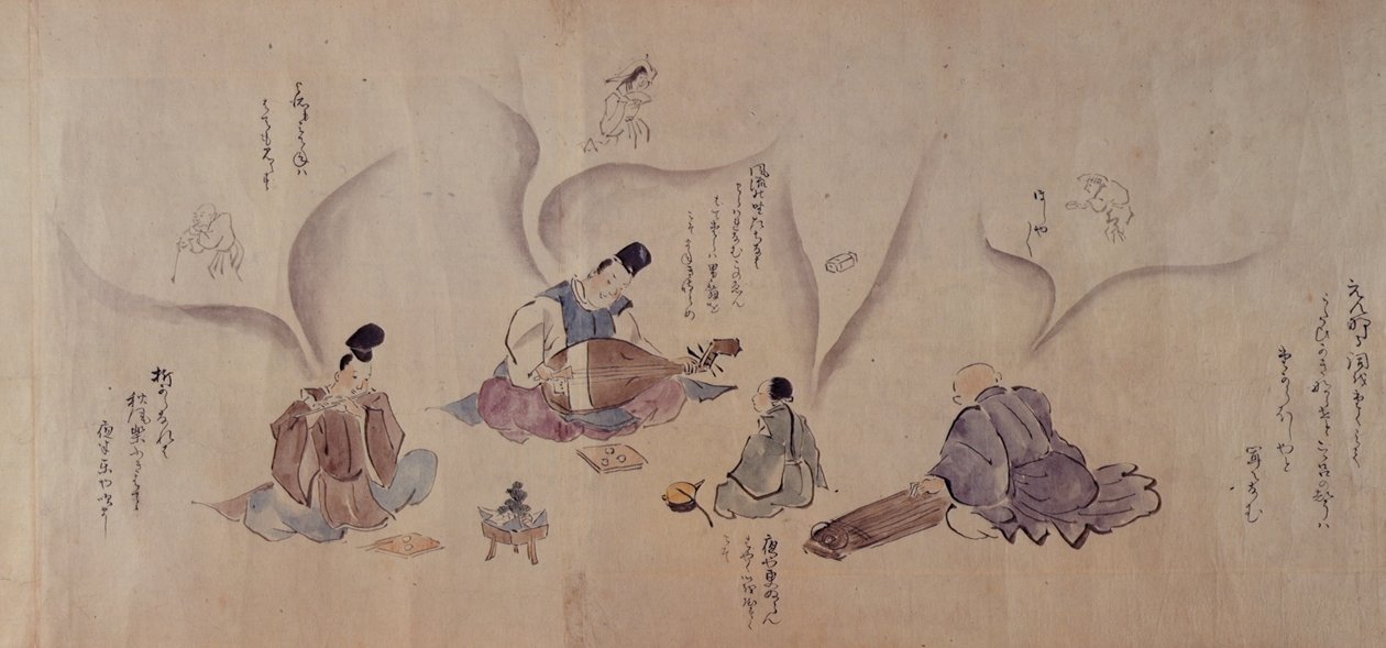 Japán zenészek, Sadanobu Matsudaira (1758-1829) „Kokoro No Soshi” című művéből, 1802 körül (toll és tinta, valamint akvarell papíron) alkotó: Japanese School
