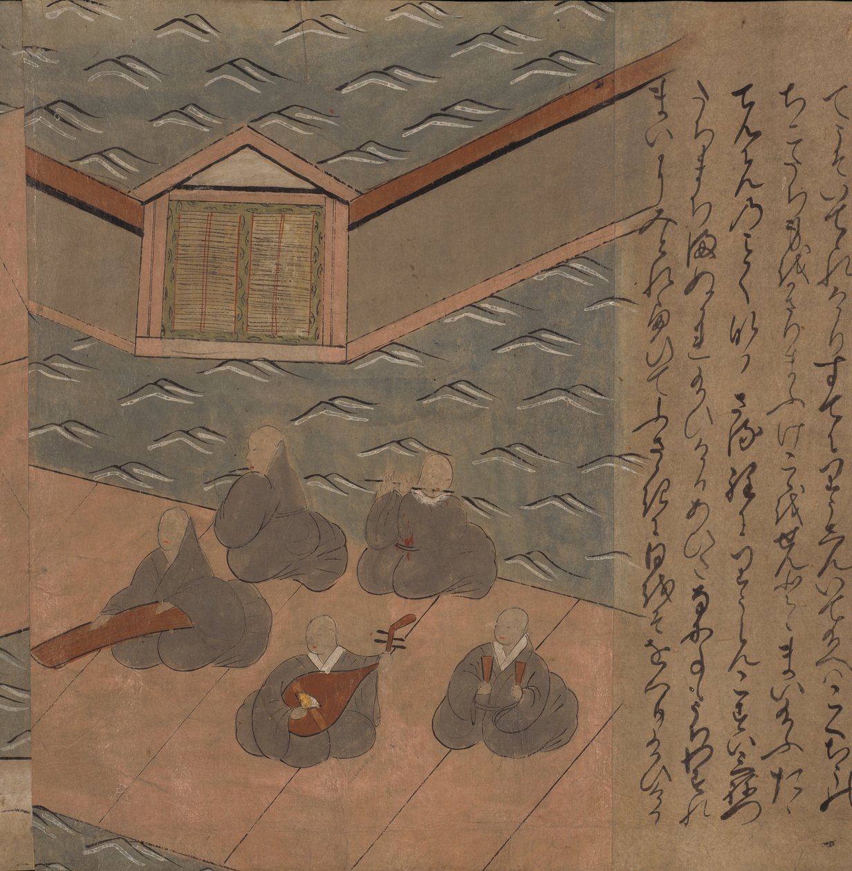 Japán zenészek, illusztráció a „Taishokkan”-ból (tinta és színes papíron) alkotó: Japanese School
