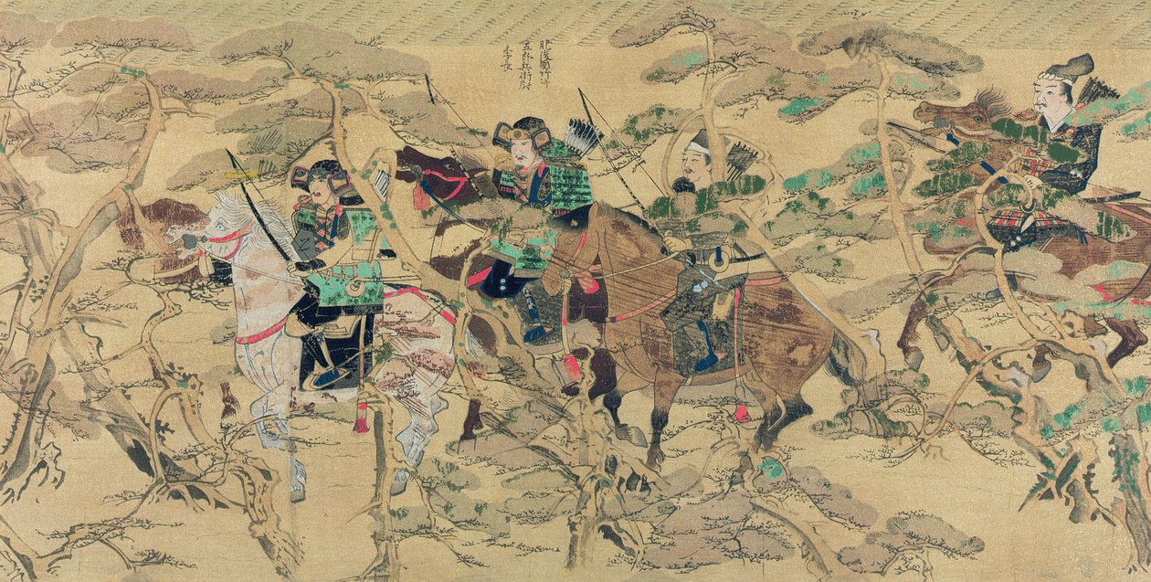 Japán katonák lóháton lovagolva egy fenyőerdőben a mongol invázió idején Japán 1274-ben, illusztráció a Kokka folyóiratból, 1921. május alkotó: Japanese School