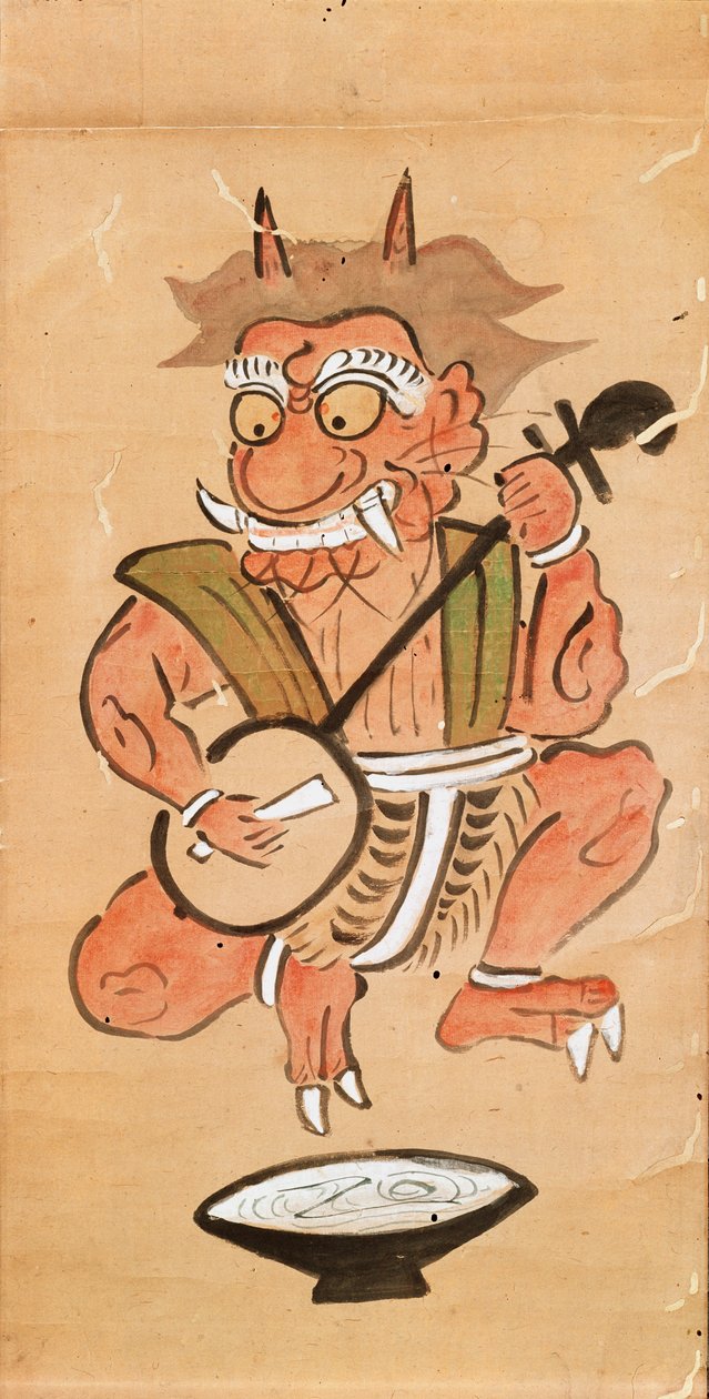 Kakemono, amely egy ördögöt ábrázol, aki a shamisenen játszik (tinta és szín a papírtekercsen) alkotó: Japanese School