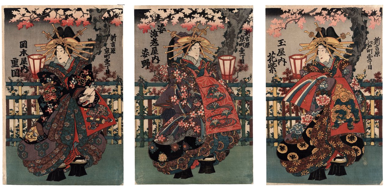 La courtisane Shigeoka de Okamoto-ya; La courtisane Sugatano de Sugataebi-ya; La courtisane Hanamurasaki de Tama-ya - Shigeoka, Sugatano és Hanamurasaki udvarhölgyek. Triptichon. A sorozatból A Yoshiwara szépségei - Anonymous1848 -Betwe andenen 1 alkotó: Japanese School