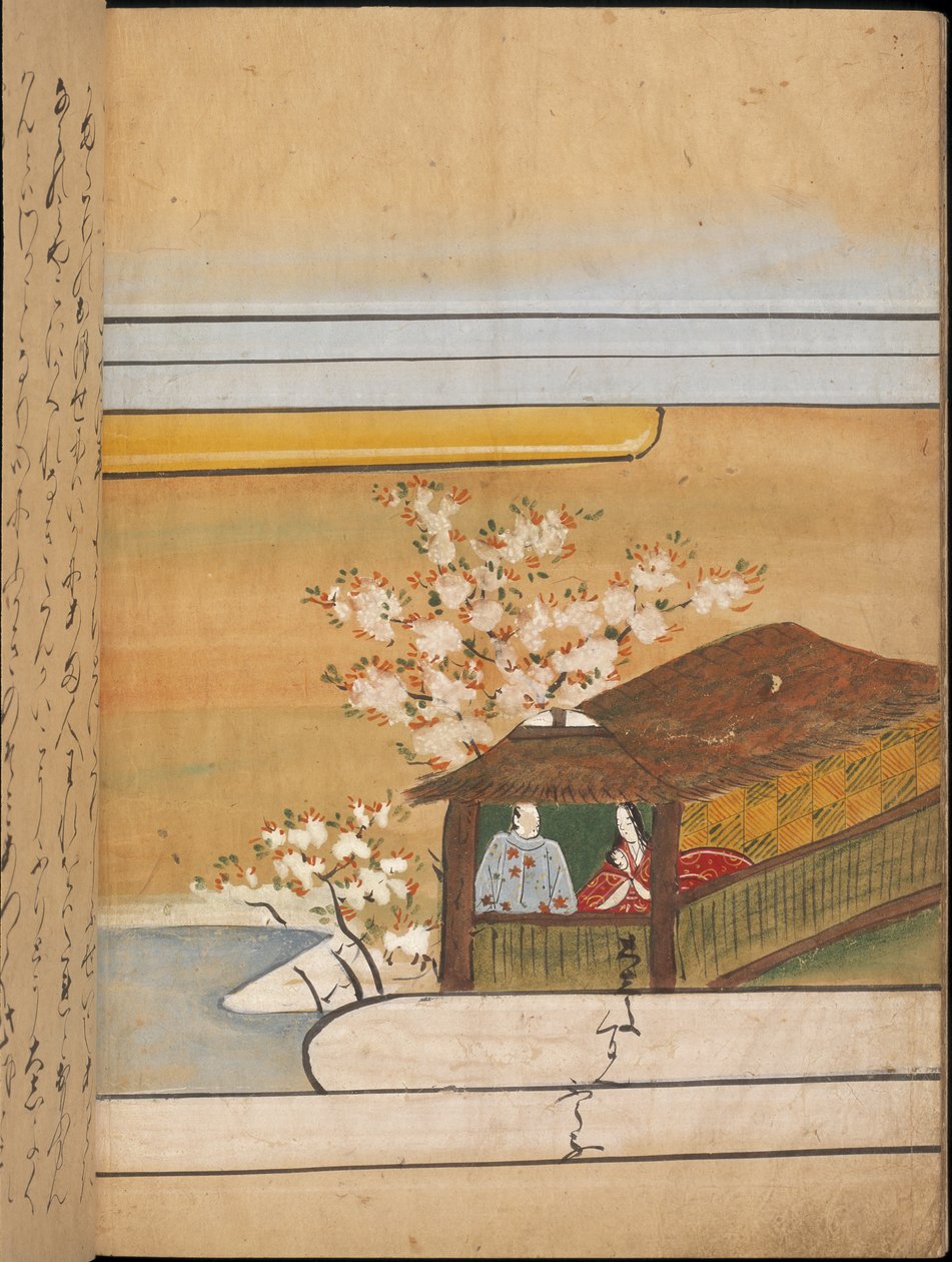 Férfi és nő egy pavilonban, illusztráció a "Taishokkan"-ból (tinta és színes papíron) alkotó: Japanese School