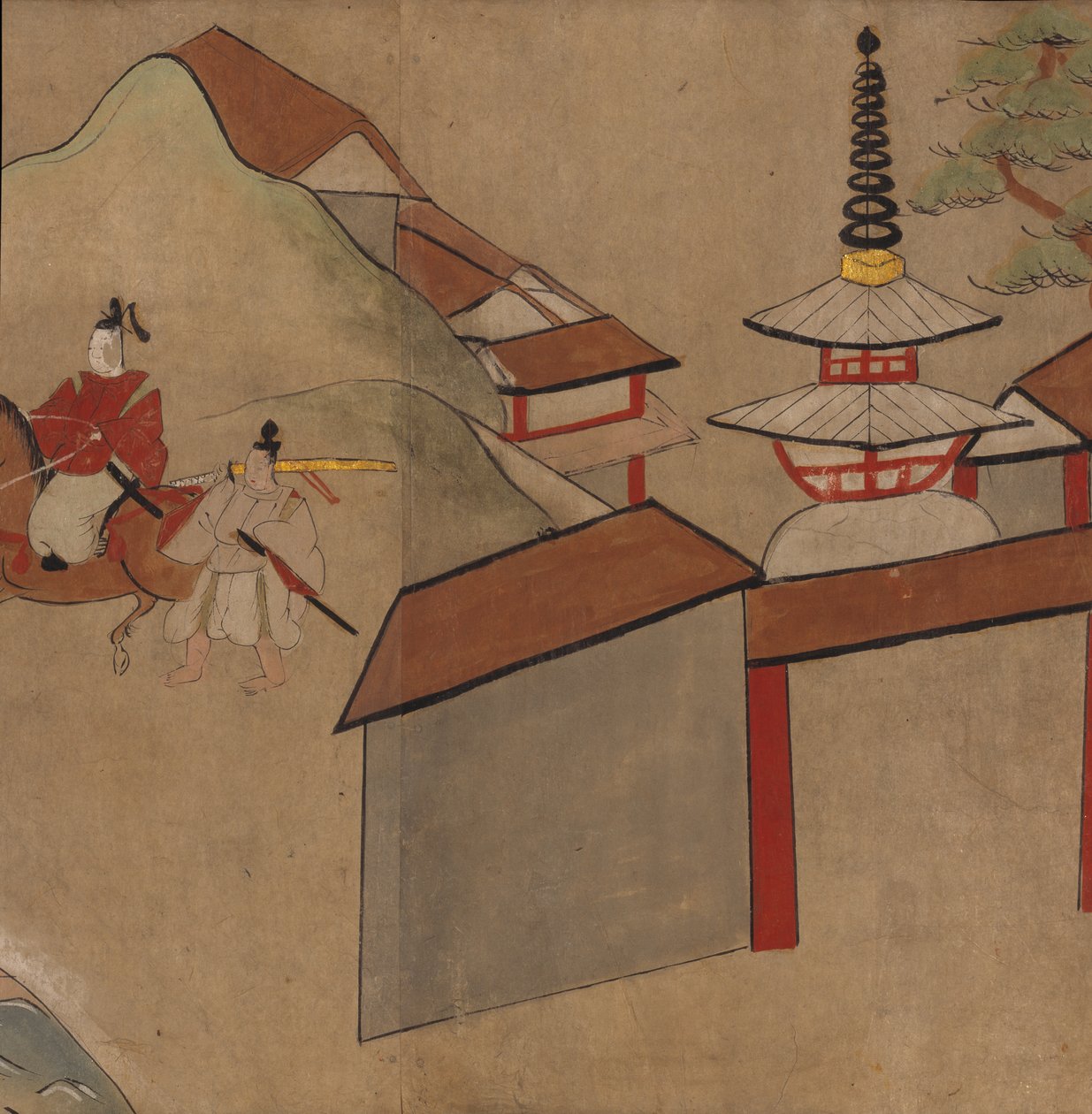 Pagoda közelében lovagló férfi, a Taishokkan illusztrációja (tinta és színes papíron) alkotó: Japanese School