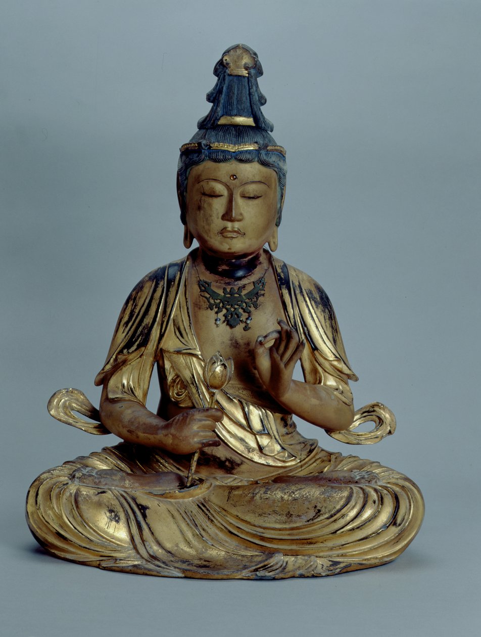 Miroku Bosatsu (fa aranyozott, arany indigó, bronz és gyöngyökkel) alkotó: Japanese School