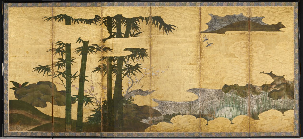 Holdfényes Bamboo Grove, 16. század eleje (pár hat paneles képernyő; tinta, színes és arany papíron) alkotó: Japanese School