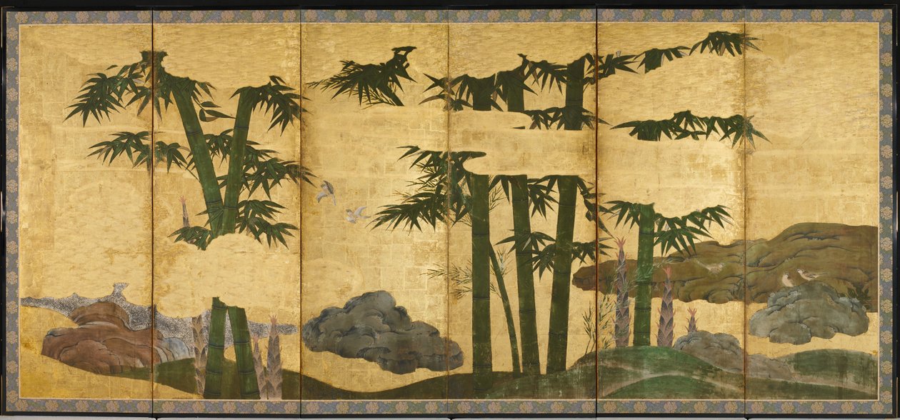 Holdfényes Bamboo Grove, 16. század eleje (pár hat paneles képernyő; tinta, színes és arany papíron) alkotó: Japanese School