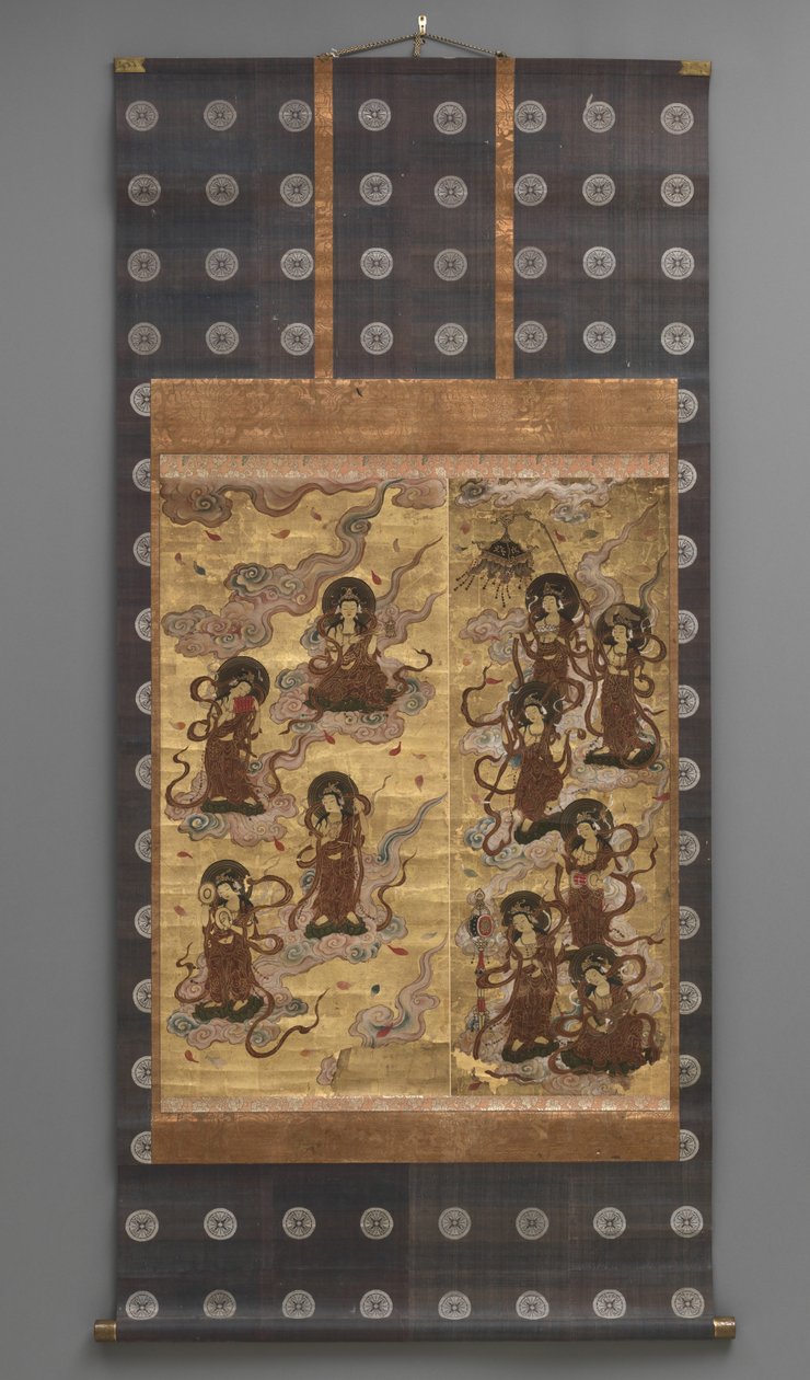 Falfestmény: Huszonöt származású bodhiszattvák (az Amitabha triád kísérői), 18. század (Triptichon függő tekercsek: tinta, szín és arany levél papíron, sárgaréz) alkotó: Japanese School
