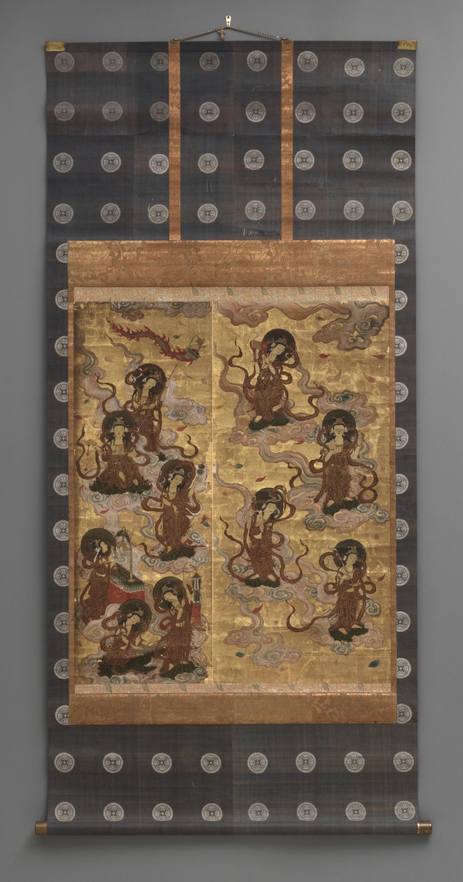 Falfestmény: Huszonöt származású bodhiszattvák (az Amitabha triád kísérői), 18. század (Triptichon függő tekercsek: tinta, szín és arany levél papíron, sárgaréz) alkotó: Japanese School