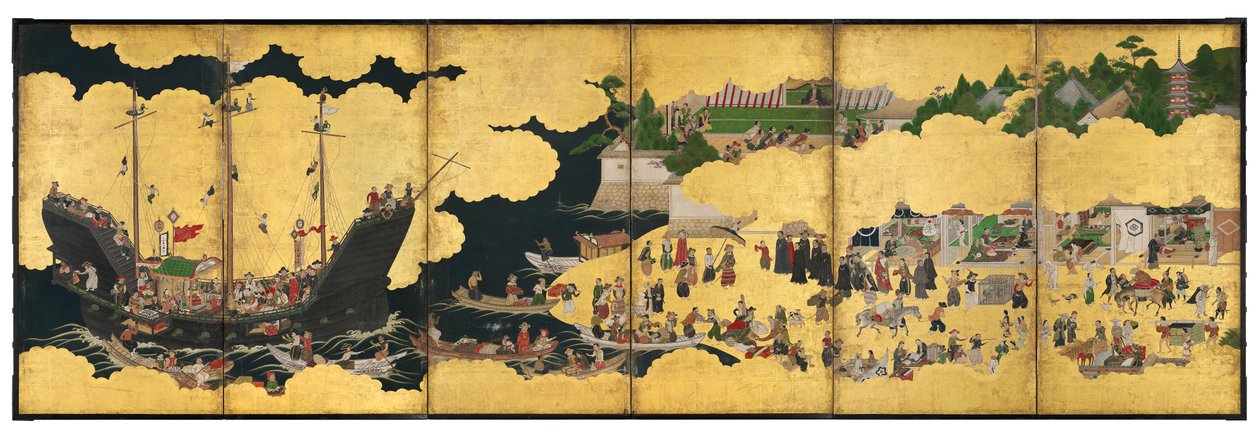 Nanban hatszoros képernyő, amely egy portugál kereskedelmi hajó érkezését ábrázolja, Edo-korszak alkotó: Japanese School