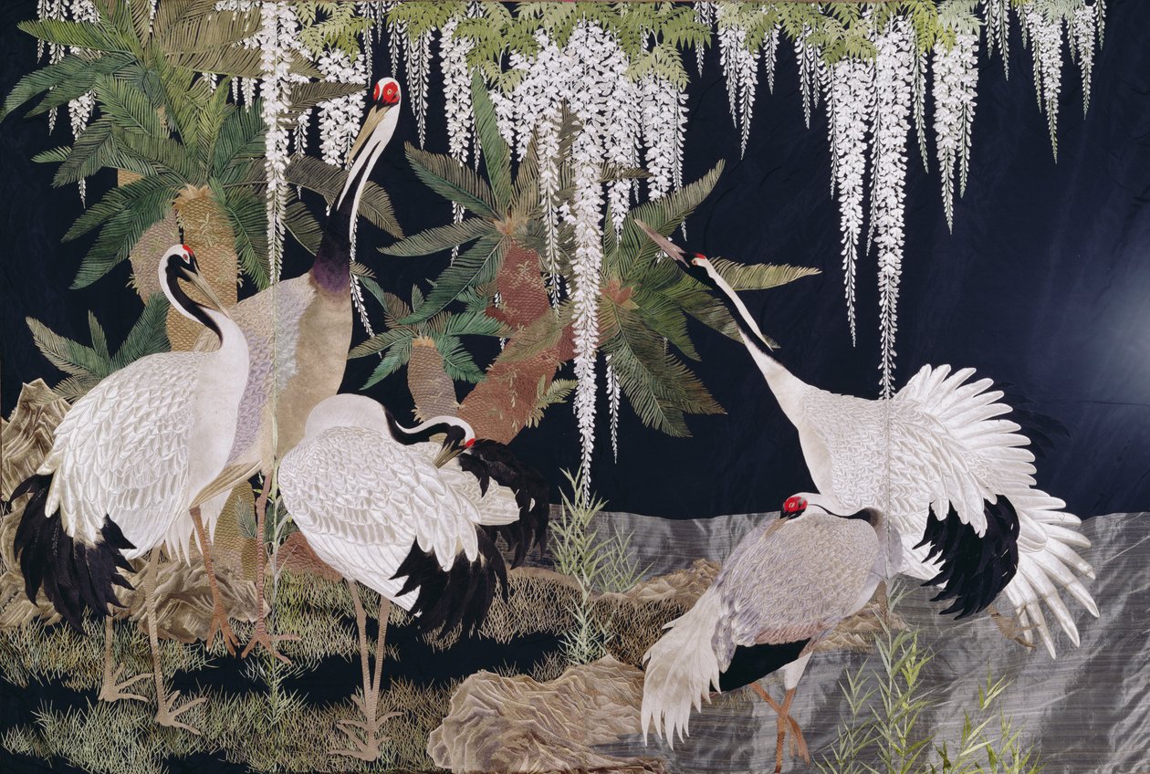 Kézimunka darukkal, cikádokkal és wisteria (textil) alkotó: Japanese School