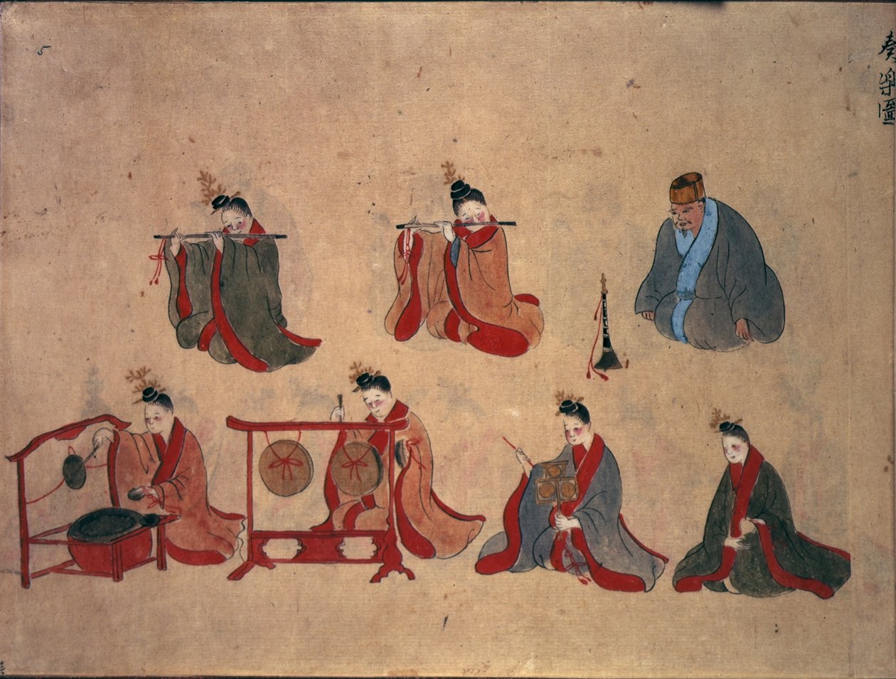Or.961 fol.5 Hét ülő zenész, Ryukyu zenei előadásaiból, 1800-50 körül (toll és tinta és akvarell papíron) alkotó: Japanese School