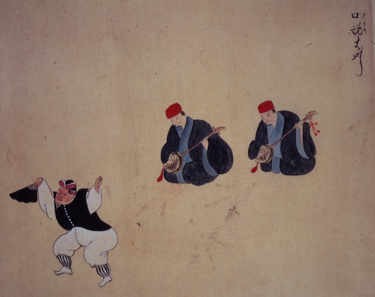 Or.961 fol.9 Egy táncos és zenészek, a Ryukyu (vellum) zenei előadásaiból alkotó: Japanese School