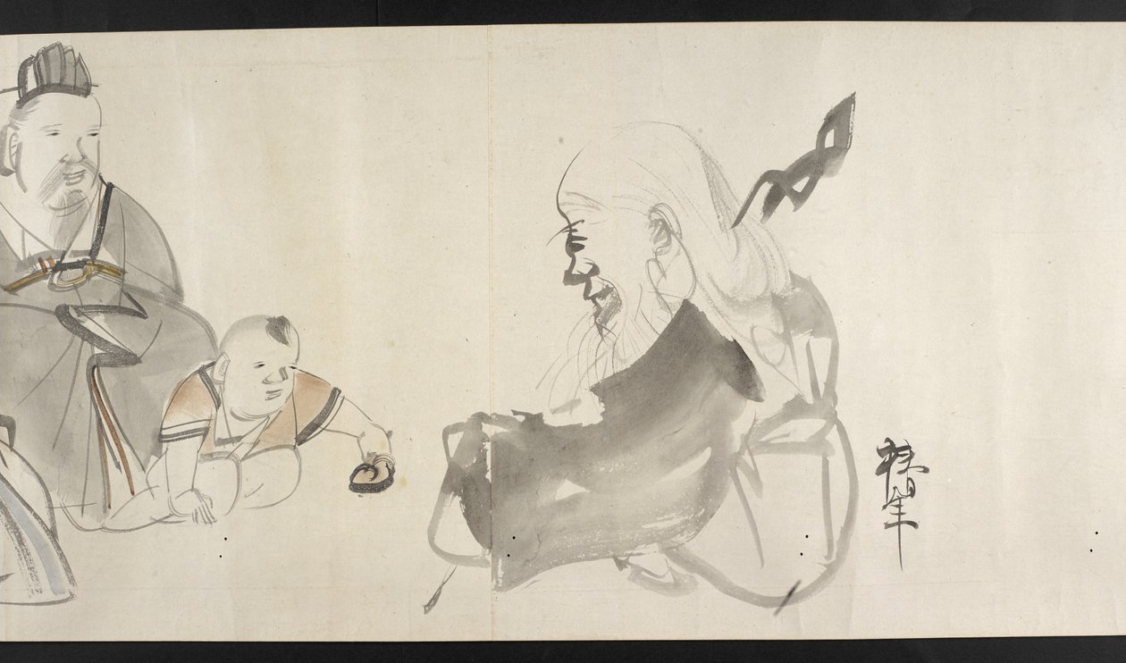 Vagy. 14872, f.30 Két felnőtt és egy gyerek, Yoshida Seisaitól (tekercs) alkotó: Japanese School