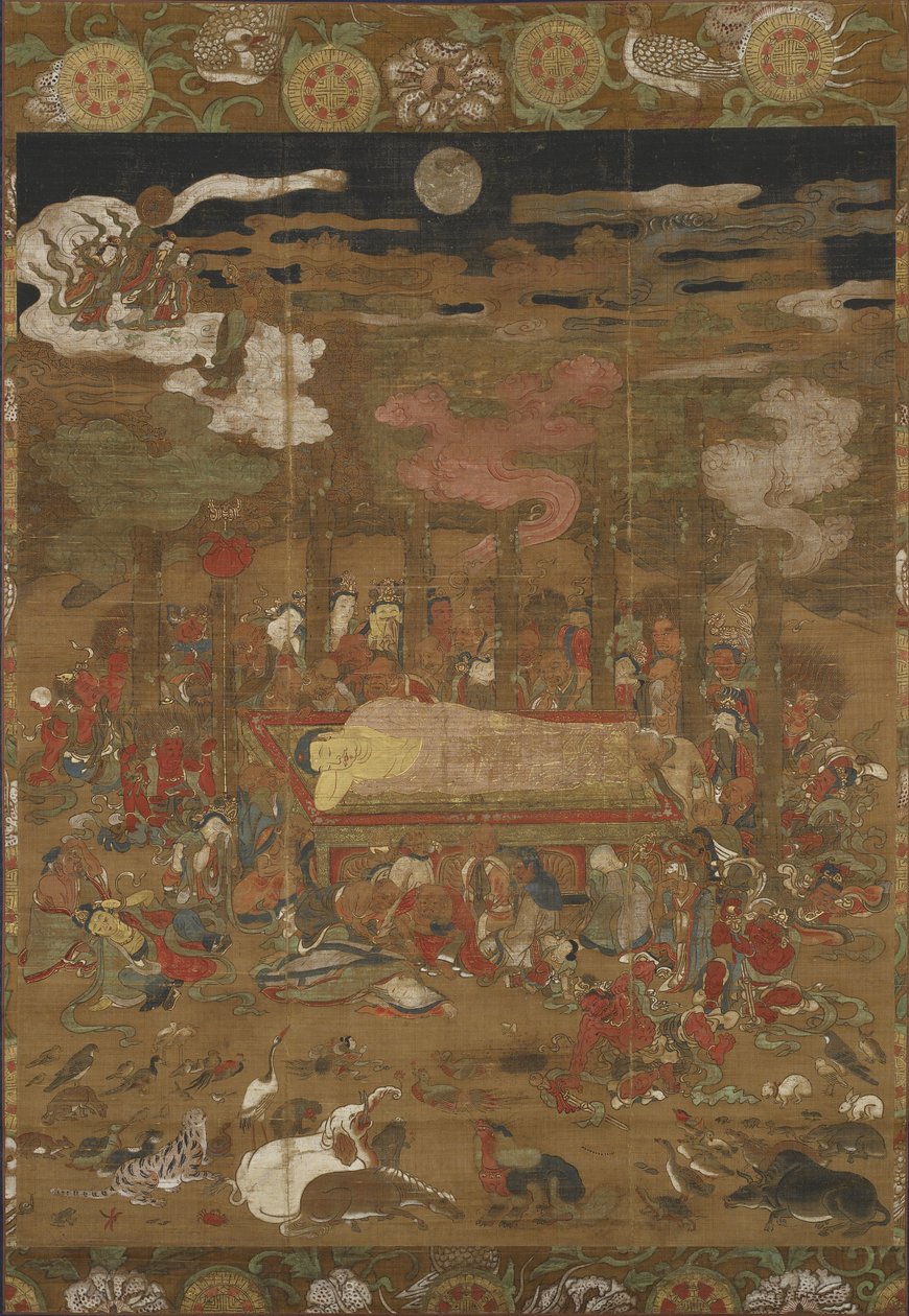 Szakjamuni parinirvánája, a történelmi Buddha (tinta, szín és arany selyemen) alkotó: Japanese School
