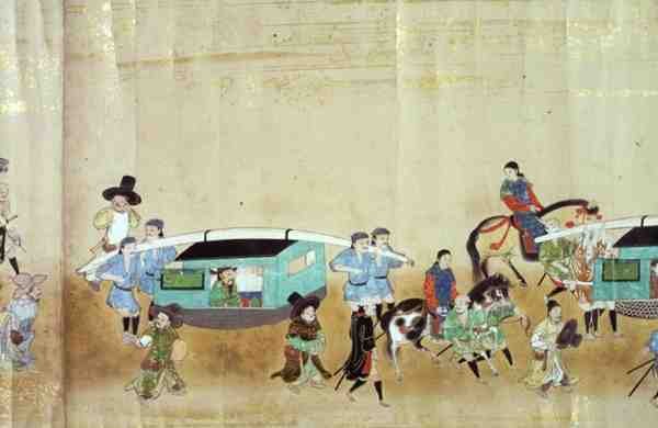 A hatodik koreai nagykövetség része Japánban Meireki 1-ben, Tokugawa Ietsuna 1651-es utódlása idején, valószínűleg Kano Masunobu (1625-94) 1655-57 (tekercses festmény) alkotó: Japanese School
