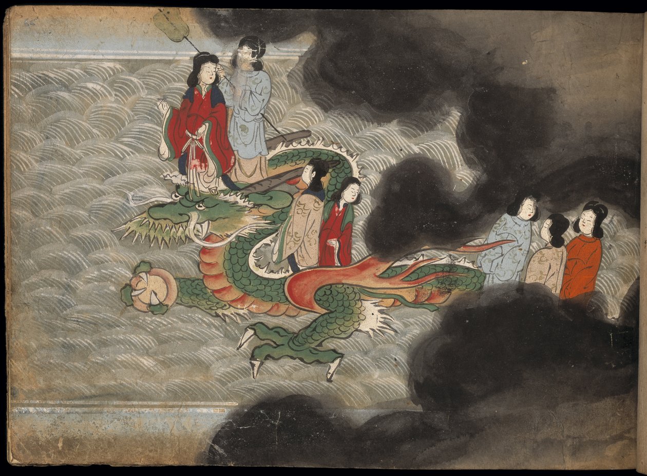 Sárkányon lovagló emberek, illusztráció a „Taishokkan”-ból (tinta és színes papíron) alkotó: Japanese School