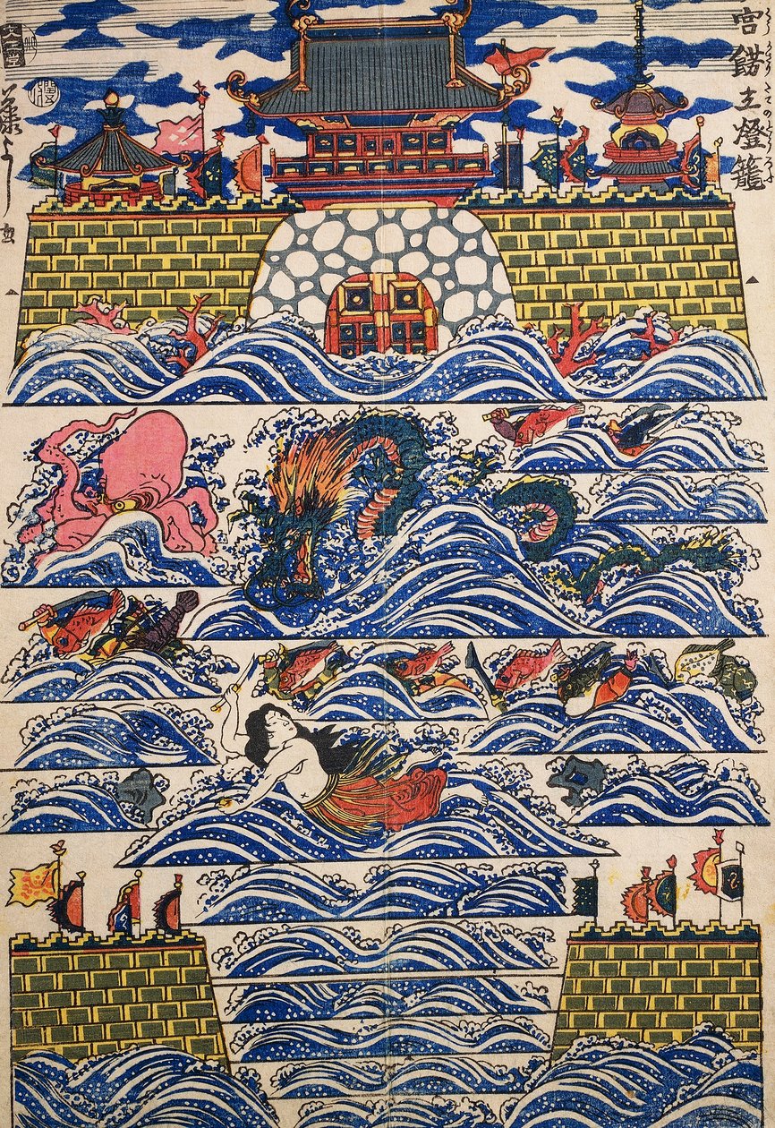 Kikötő, amelyen a tenger összecsapó hullámai, dekoratív panel alkotó: Japanese School