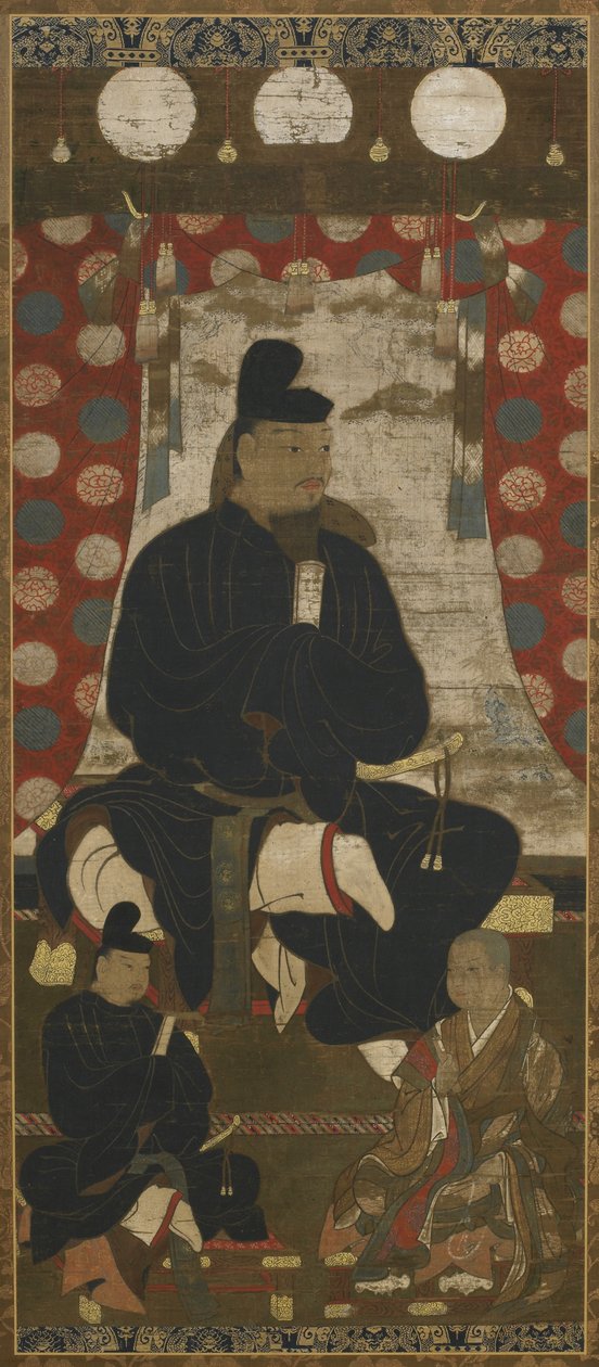 Fujiwara no Kamatari (614-669) portréja két fiával, Muromachi-korszak (tinta, szín és arany selyemen) alkotó: Japanese School