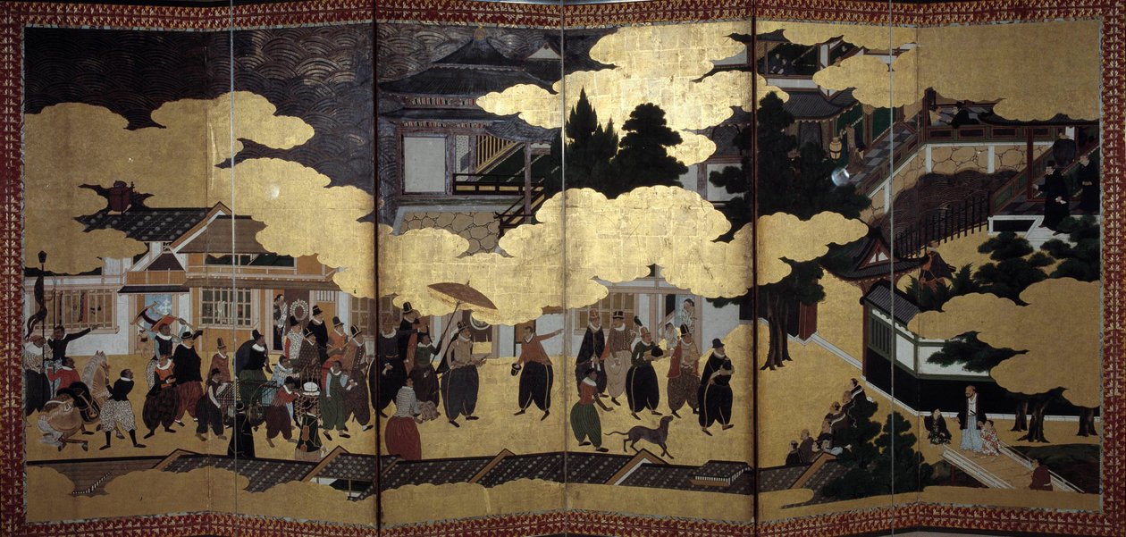„Portugál” képernyő: portugál jezsuita misszionáriusok 16. századi Japánba érkezésének ábrázolása. A Kano Iskola (?) valósította meg. 1593-1600. Lisszaboni Ókori Művészetek Múzeuma alkotó: Japanese School