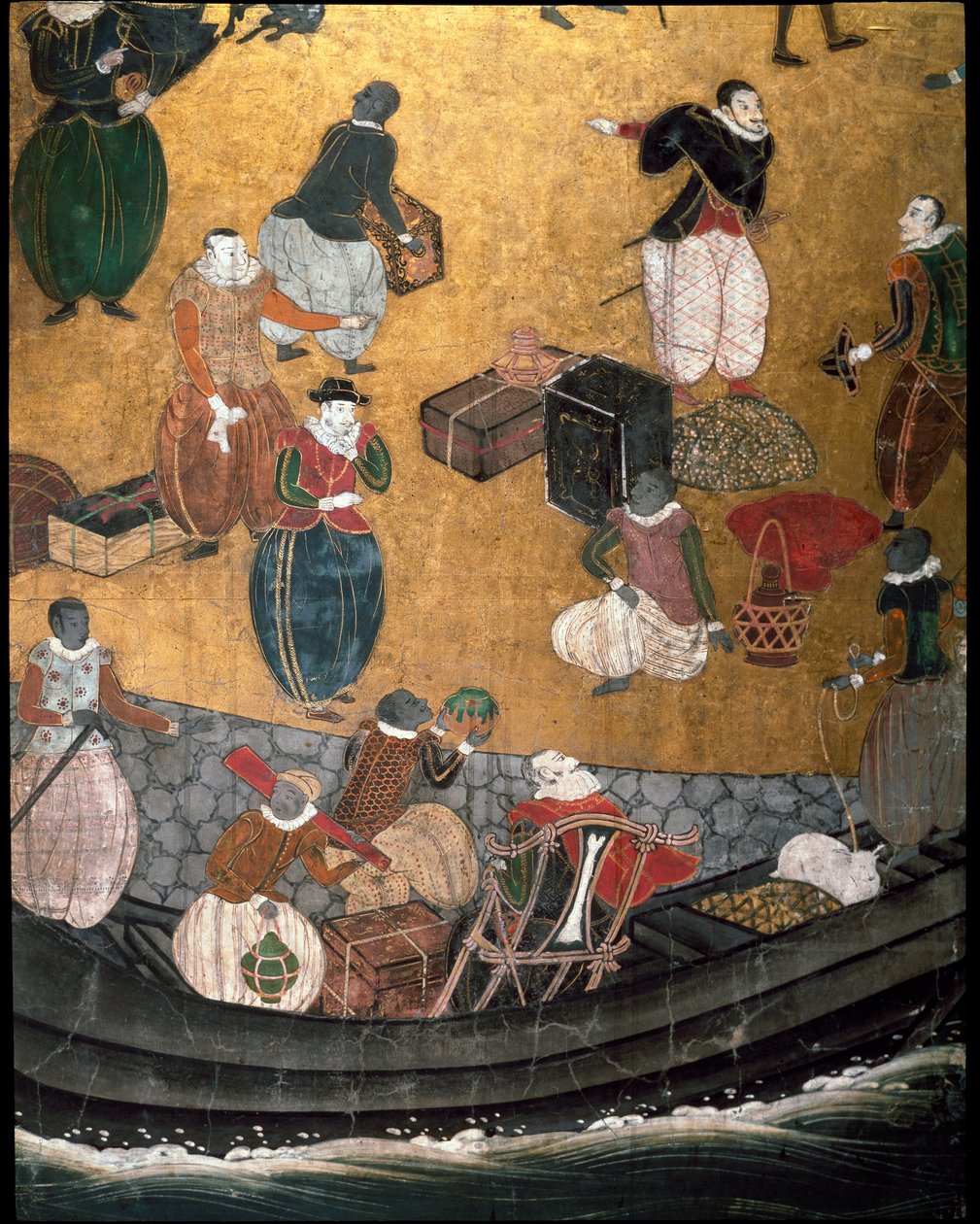 „Portugál” képernyő, amely a jezsuita portugál misszionáriusok 16. századi Japánba érkezését ábrázolja - 1590-1614 - Az élelmiszerek kéregét ábrázoló részlet - Namban iskola alkotó: Japanese School