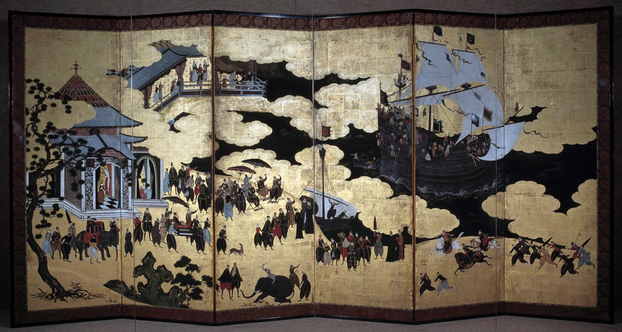 „Portugál” képernyő a portugál jezsuita misszionáriusok Japánba érkezését ábrázolja a 16. században. 1590-1614. Kano Iskola (?) Lisszabon. Nemzeti Ókori Művészeti Múzeum alkotó: Japanese School