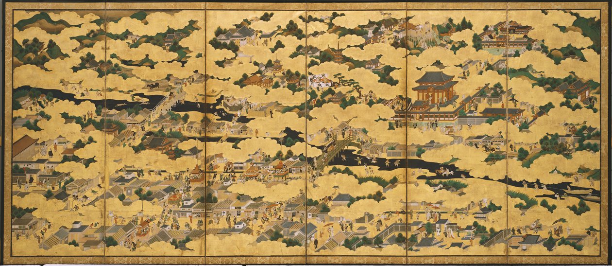 Rakuchu rakugai zu (Jelenetek itt és a környéken)
a fővárosban), 17. század második fele (tinta, szín és arany, papír) alkotó: Japanese School