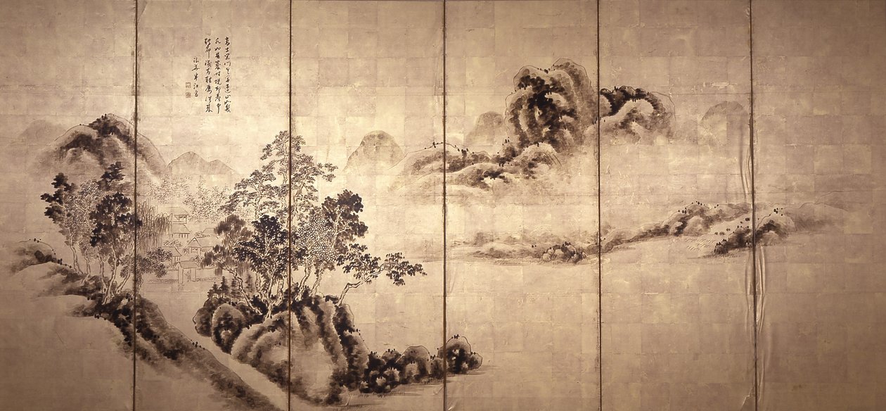 Rekto: Tájkép Mi Fei után, 1810 körül (tinta, aranylevél) alkotó: Japanese School
