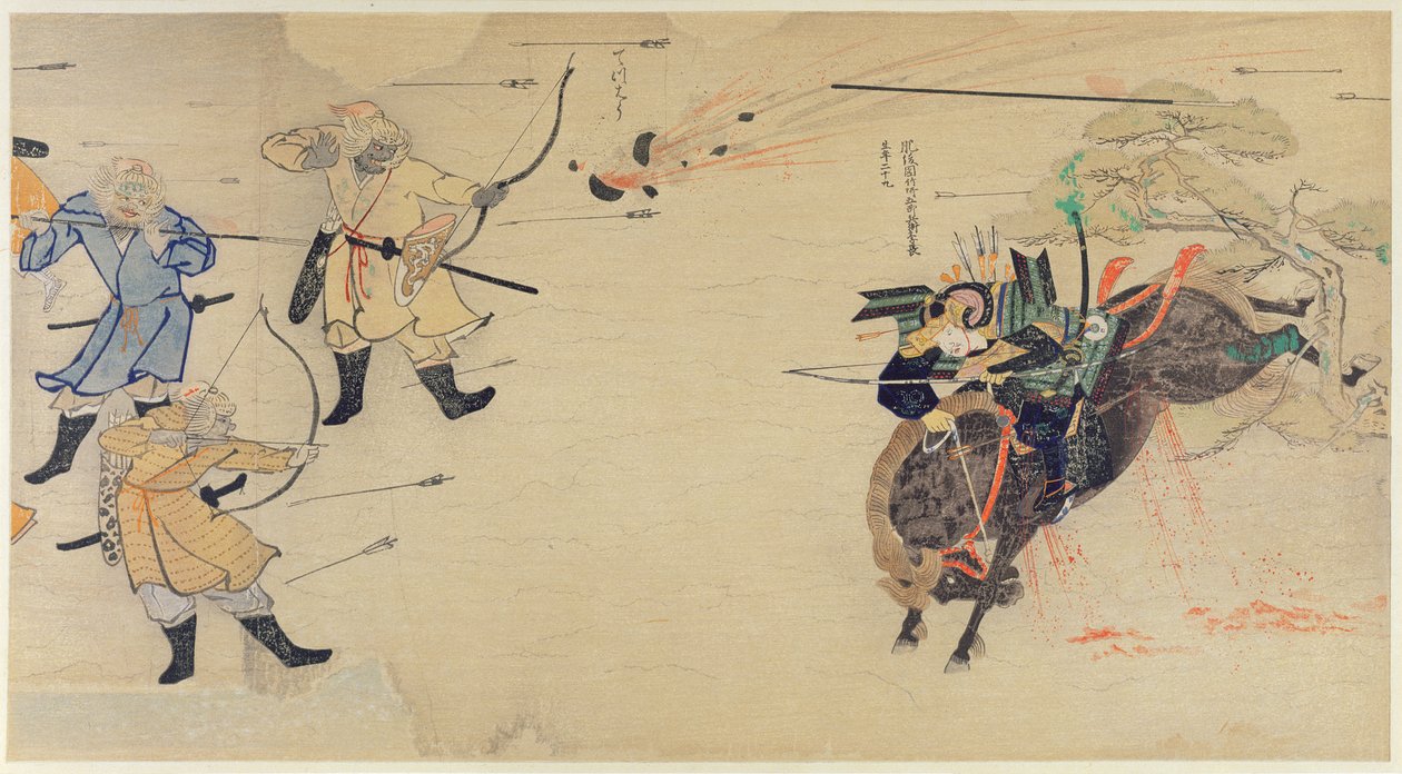 Takezaki szamuráj mongol betolakodókat vádol, miközben lövedékek robbannak fel fejük felett a mongol támadások során 1274-ben, illusztráció a Kokka magazinból, 1921. május alkotó: Japanese School