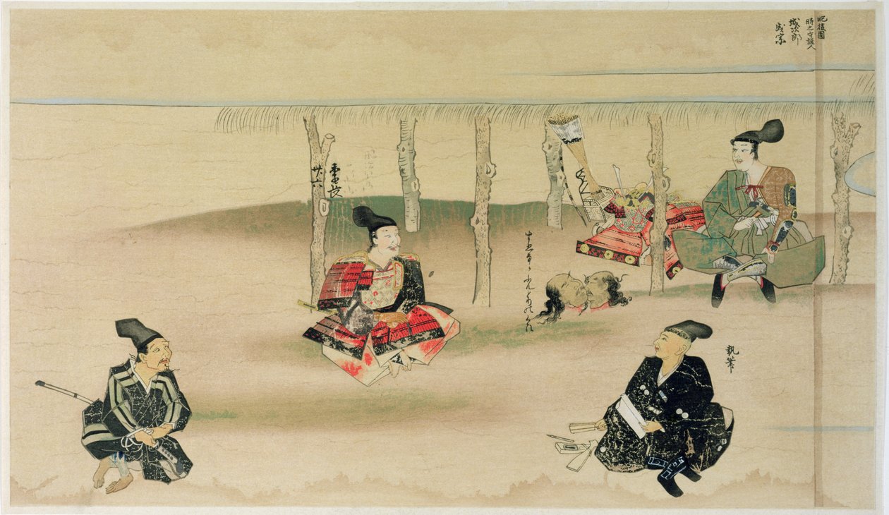 Takezaki szamuráj két mongol megszálló fejét szállítja Adachi Morinume-nak Japán mongol inváziója során 1274-ben, illusztráció a Kokka folyóiratból, 1921. május alkotó: Japanese School
