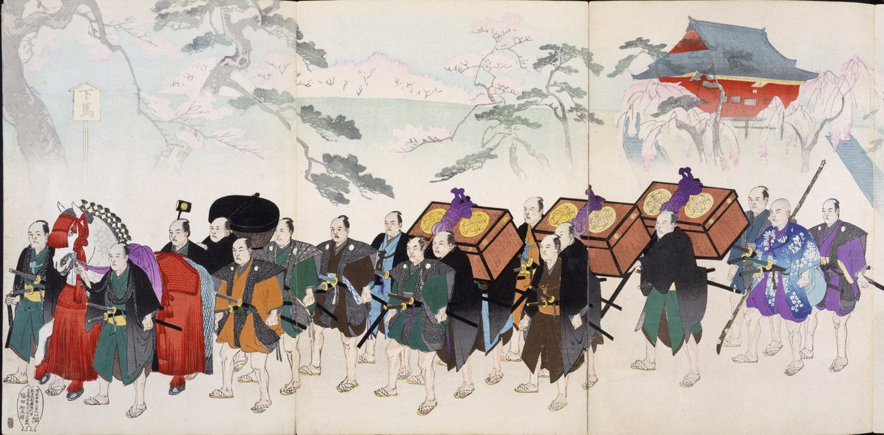 Samurai Warriors on the March, egy 19. századi fametszetalbumból, kézzel színű fatömbnyomat alkotó: Japanese School